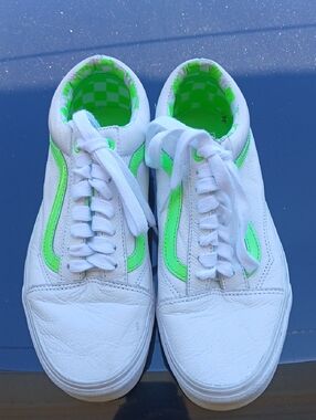 Vans Neon Green and White Slip-On Shoe